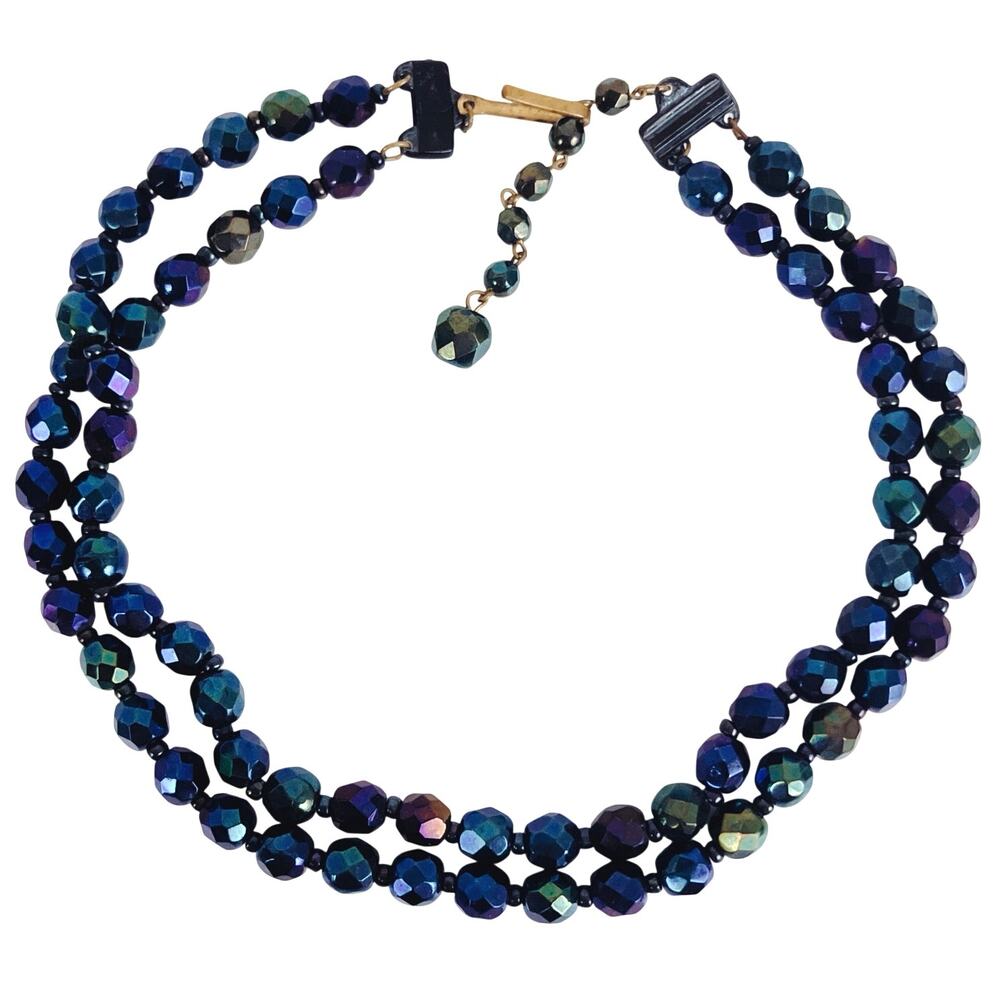 1950s West Germany Blue Iridescent Glass Bead Double Strand Choker Necklace